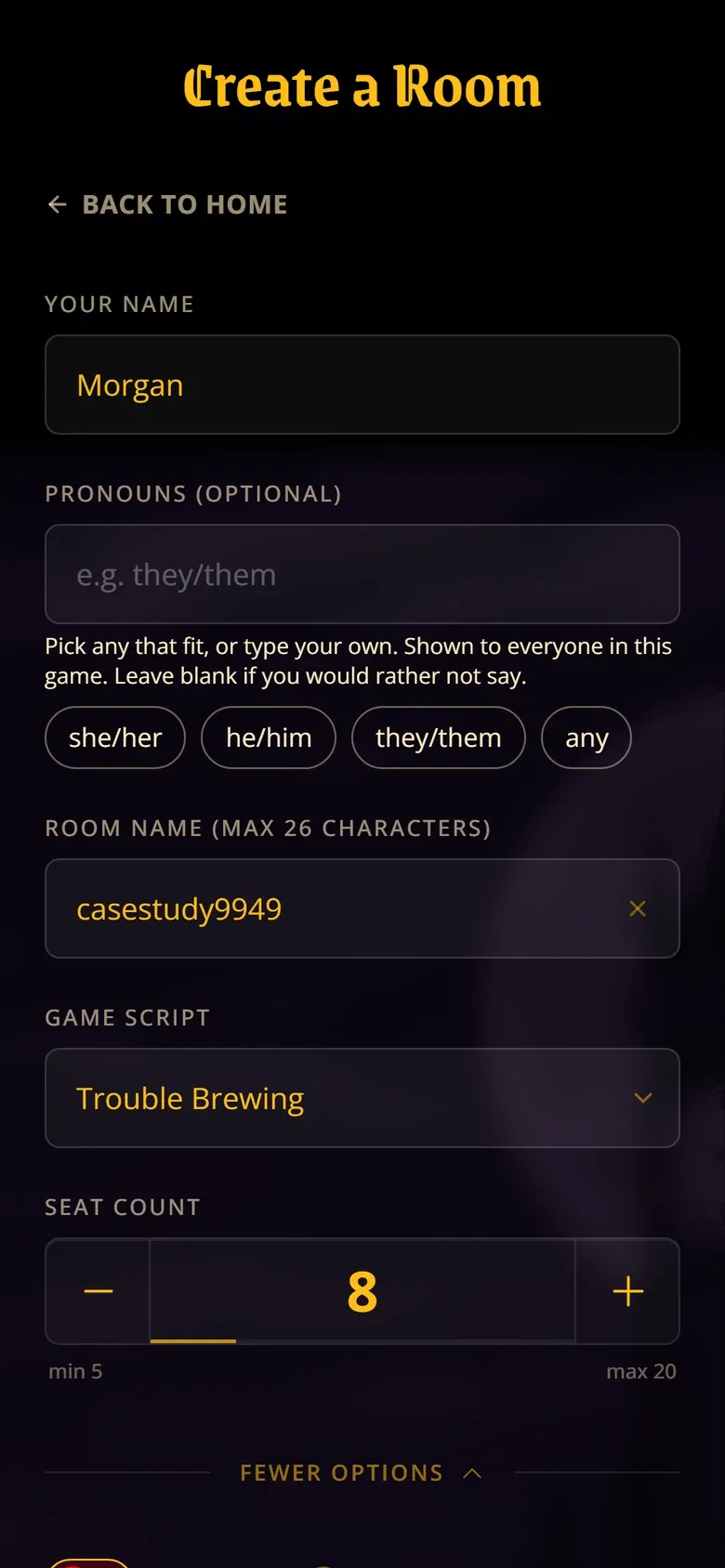 The Create a Room screen: a blackletter 'Create a Room' heading in gold, fields for name, optional pronouns with quick-pick chips, room name, game script and a seat-count stepper set to 8.