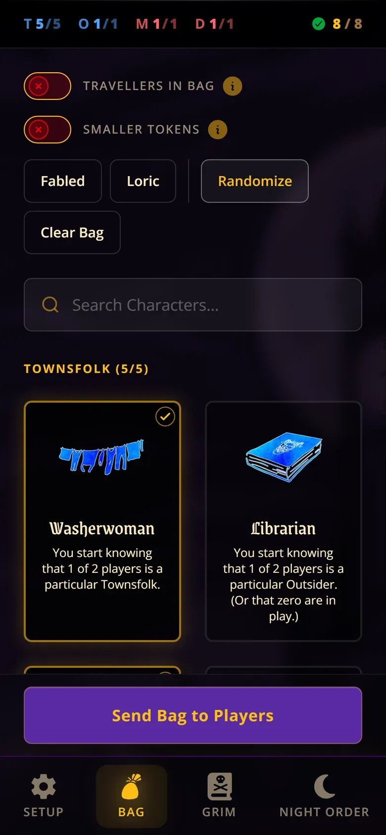 The Storyteller's bag on a phone: team counts at the top, toggles, Fabled, Loric, Randomize and Clear Bag buttons, a character search, and character cards such as Washerwoman and Librarian with their abilities, above a violet 'Send Bag to Players' button.