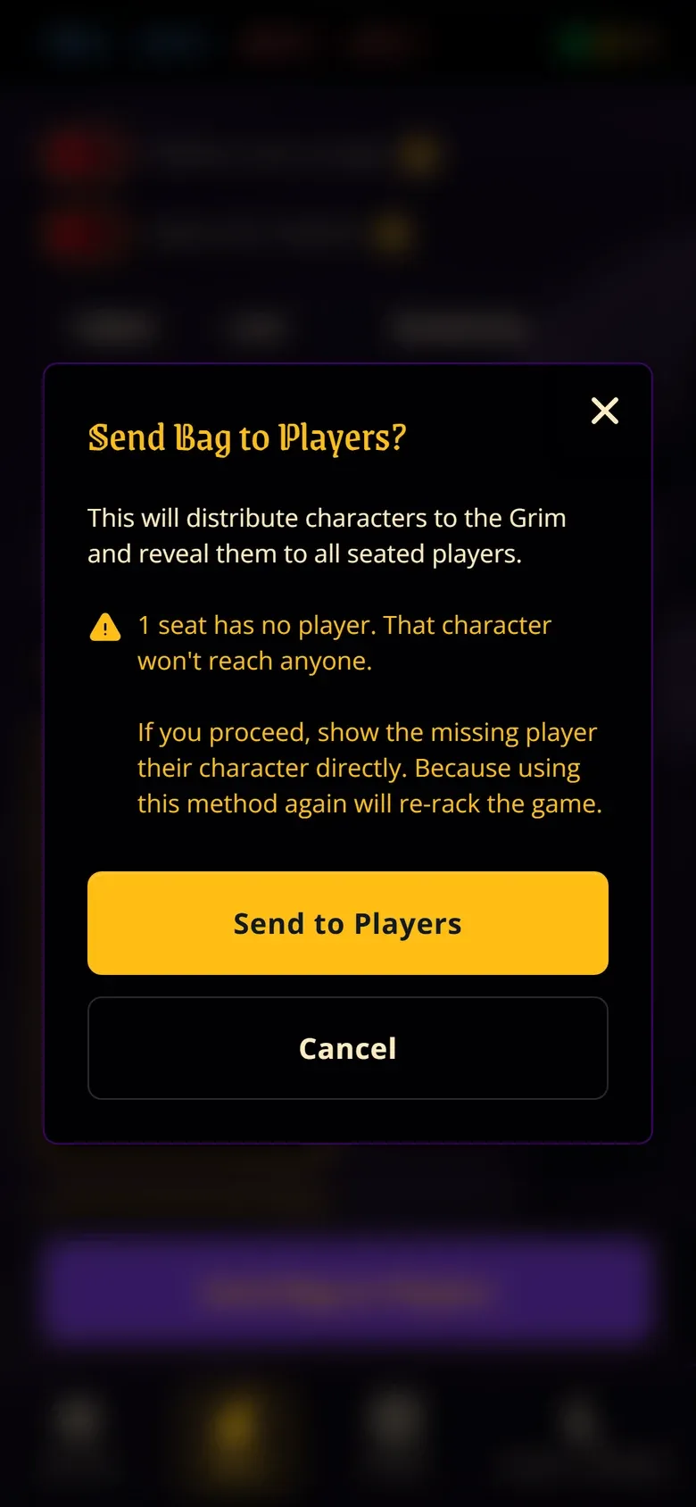 'Send Bag to Players?' dialog on a phone, with a warning: '1 seat has no player. That character won't reach anyone.' followed by advice, then Send to Players and Cancel buttons.