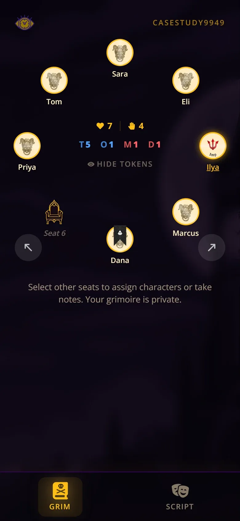A player's phone showing the Grimoire: eight seats in a circle with player names. Ilya's own token shows the Imp, Dana has a death shroud, and seat 6 is an empty chair.