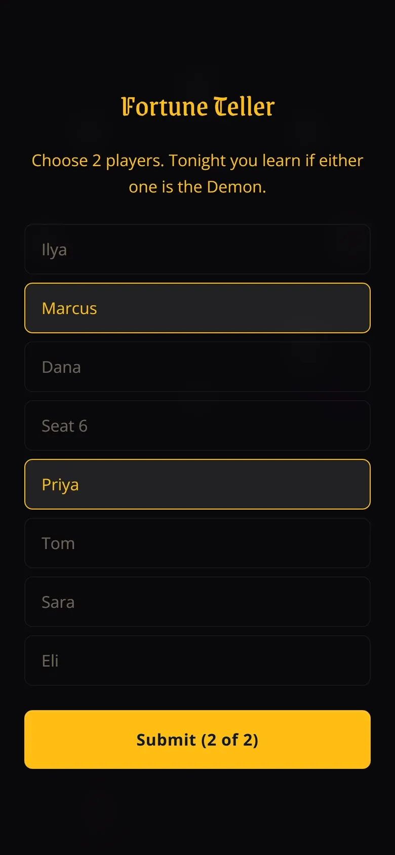 A player's phone showing a night prompt titled Fortune Teller, with players listed from the viewer clockwise, two of them selected, and a Submit (2 of 2) button.